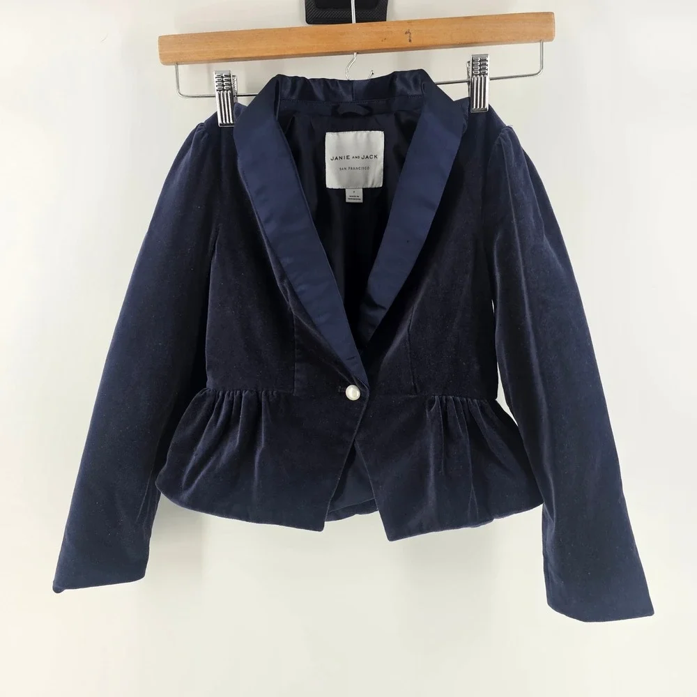 Janie and Jack Blazer Girls 7 Navy Velvet Peplum Tuxedo Holiday Formal Party